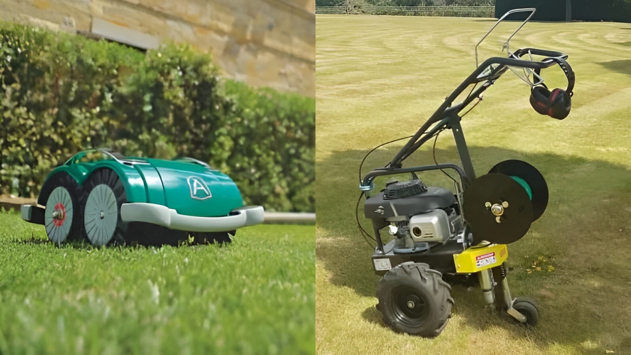 Side-by-side comparison of a green robotic mower and a manual wire-laying machine.